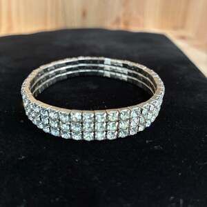 Silver Tone Triple Row Clear Rhinestone Stretch Bracelet Elastic Sparkly Wide